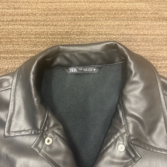 Zara Black Leather Jacket Oversized Shacket With Front Pockets Collared Buttons - Picture 3 of 14